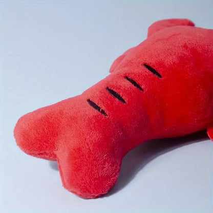 Red crab lobster shaped squeaky stuffed dog toy for small and medium breeds on a white background.