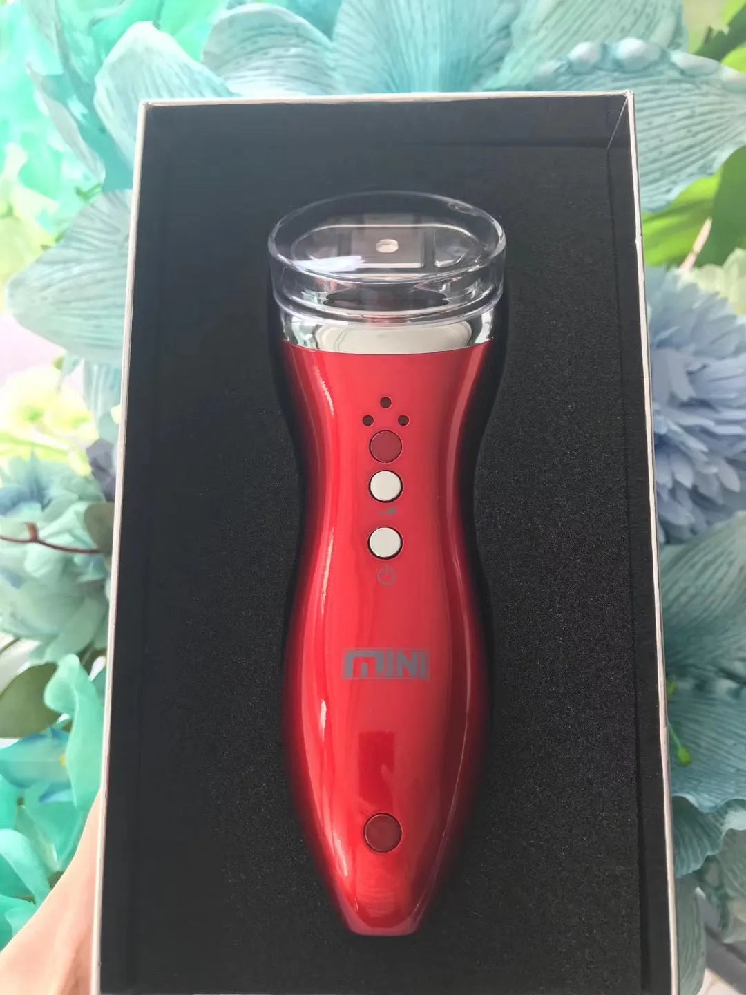 Mini ultrasonic scalpel 35W plug-in facial firming device in purple or red ABS, 25x12x7cm box, with gel