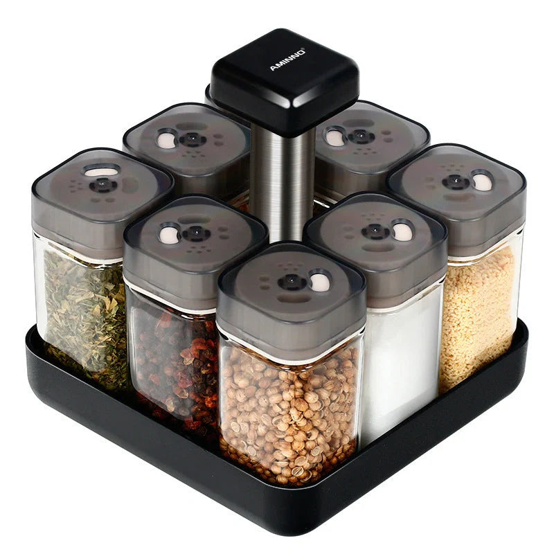 European Style Rotating Glass Seasoning Bottle Set with 8 Spice Jars on countertop
