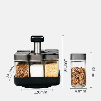 European Style Rotating Glass Seasoning Bottle Set with 8 Spice Jars on countertop