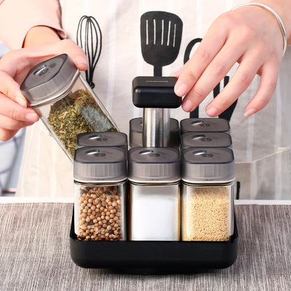 European Style Rotating Glass Seasoning Bottle Set with 8 Spice Jars on countertop