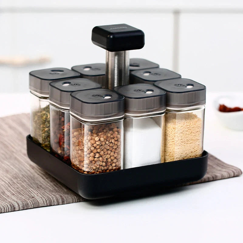 European Style Rotating Glass Seasoning Bottle Set with 8 Spice Jars on countertop