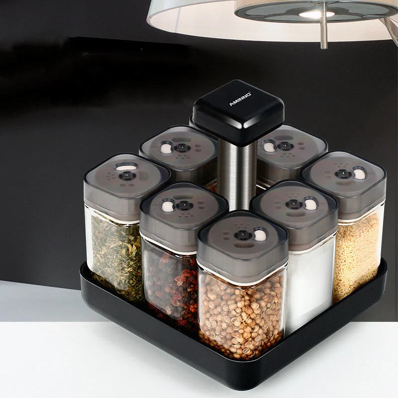 European Style Rotating Glass Seasoning Bottle Set with 8 Spice Jars on countertop