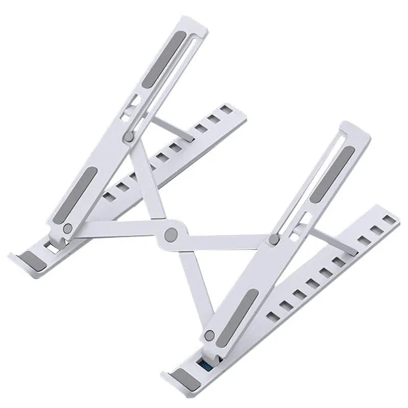 Black folding laptop stand bracket shown open at an angle and folded flat next to its storage bag.
