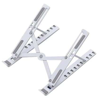 Black folding laptop stand bracket shown open at an angle and folded flat next to its storage bag.