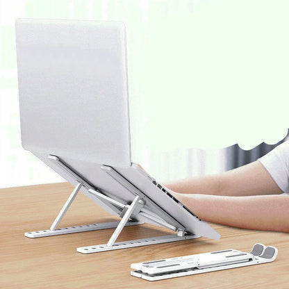 Black folding laptop stand bracket shown open at an angle and folded flat next to its storage bag.