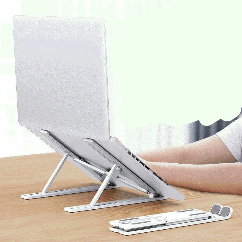 Portable desktop lift cooling base folding bracket with 10 adjustable positions made from ABS engineering plastic for laptops and tablets in sleepless black or quiet night white colour