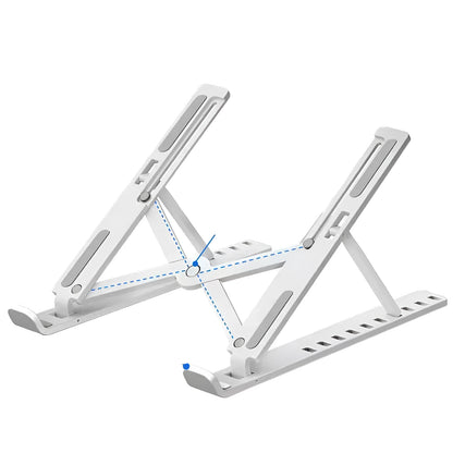 Black folding laptop stand bracket shown open at an angle and folded flat next to its storage bag.