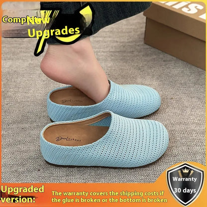 Baotou Boken women's cloth upper slippers with rubber sole in beige, shown in a leisure setting.