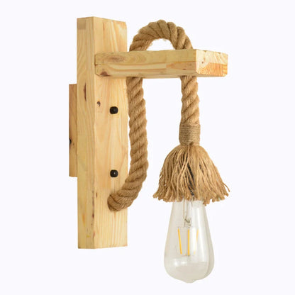 Industrial wood and iron hemp rope wall lamp with lift pulley