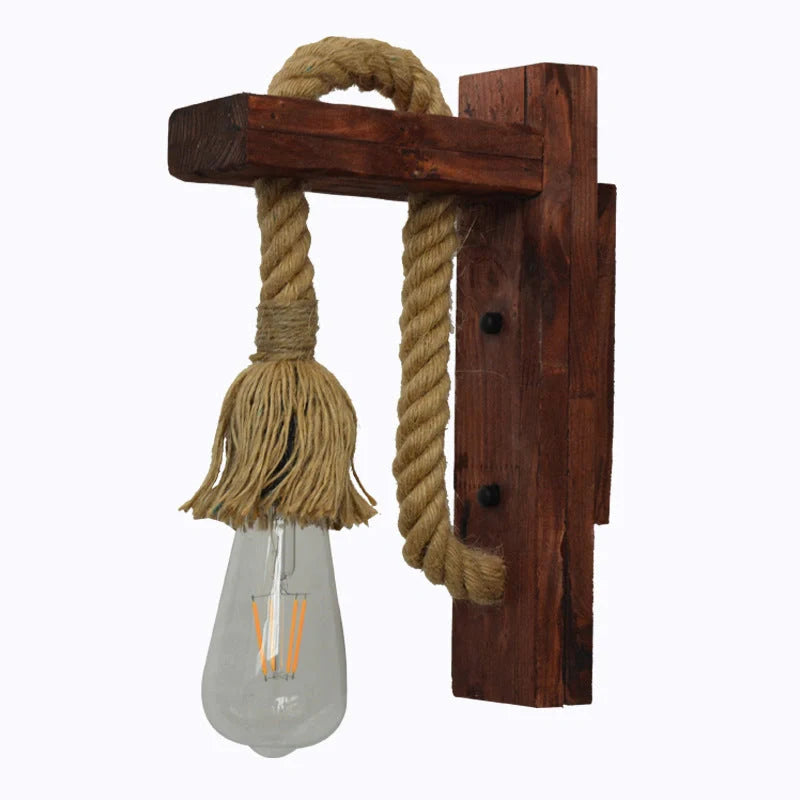 Industrial wood and iron hemp rope wall lamp with lift pulley