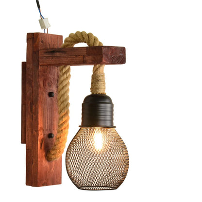Industrial wood and iron hemp rope wall lamp with lift pulley