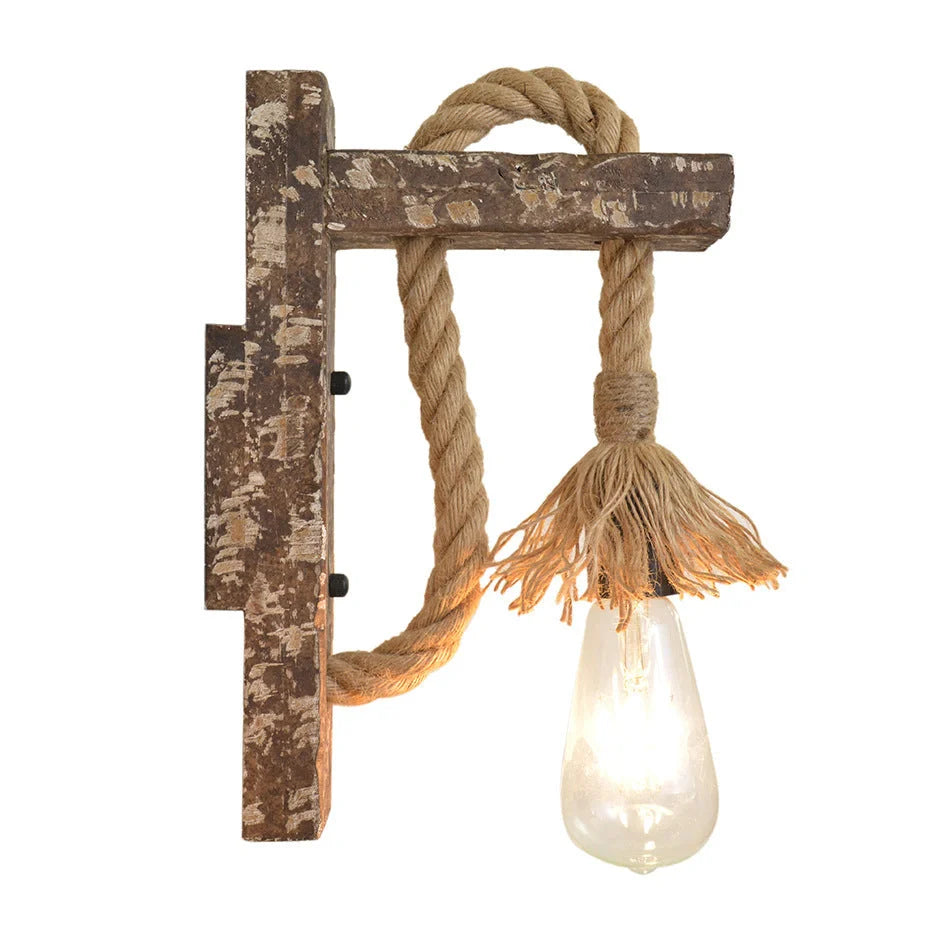 Industrial wood and iron hemp rope wall lamp with lift pulley