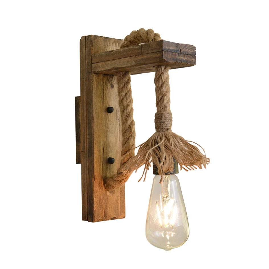 Industrial wood and iron hemp rope wall lamp with lift pulley