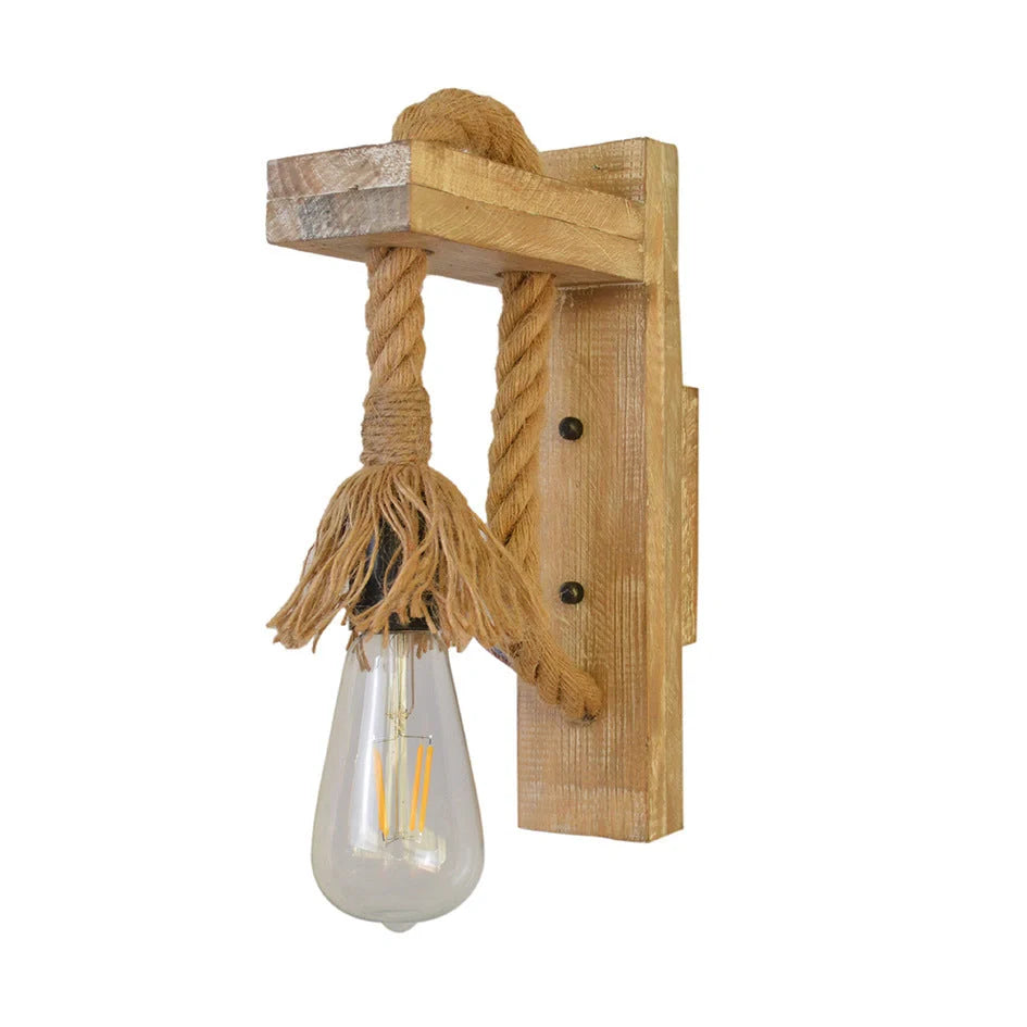 Industrial wood and iron hemp rope wall lamp with lift pulley