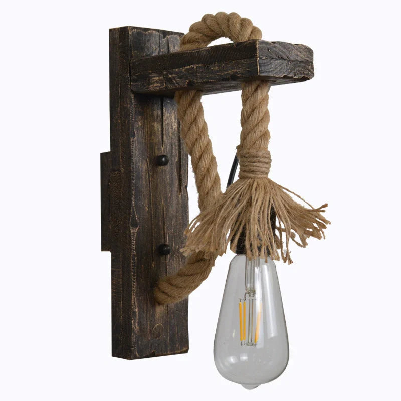 Industrial wood and iron hemp rope wall lamp with lift pulley