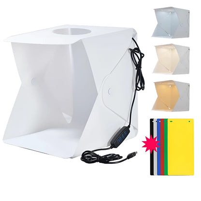 40cm folding studio fill light softbox with six colour background cloths and adjustable LED lighting