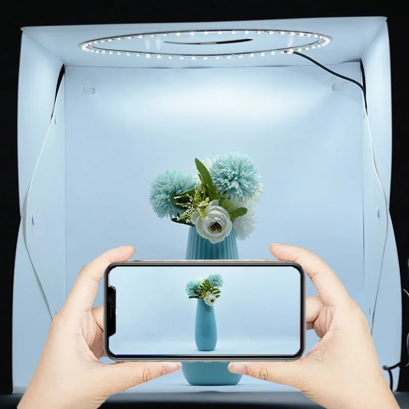 40cm folding studio fill light softbox with six colour background cloths and adjustable LED lighting