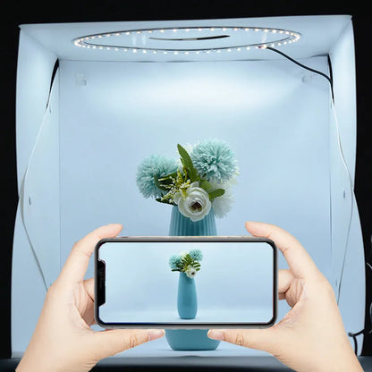 40cm folding studio fill light softbox with six colour background cloths and adjustable LED lighting