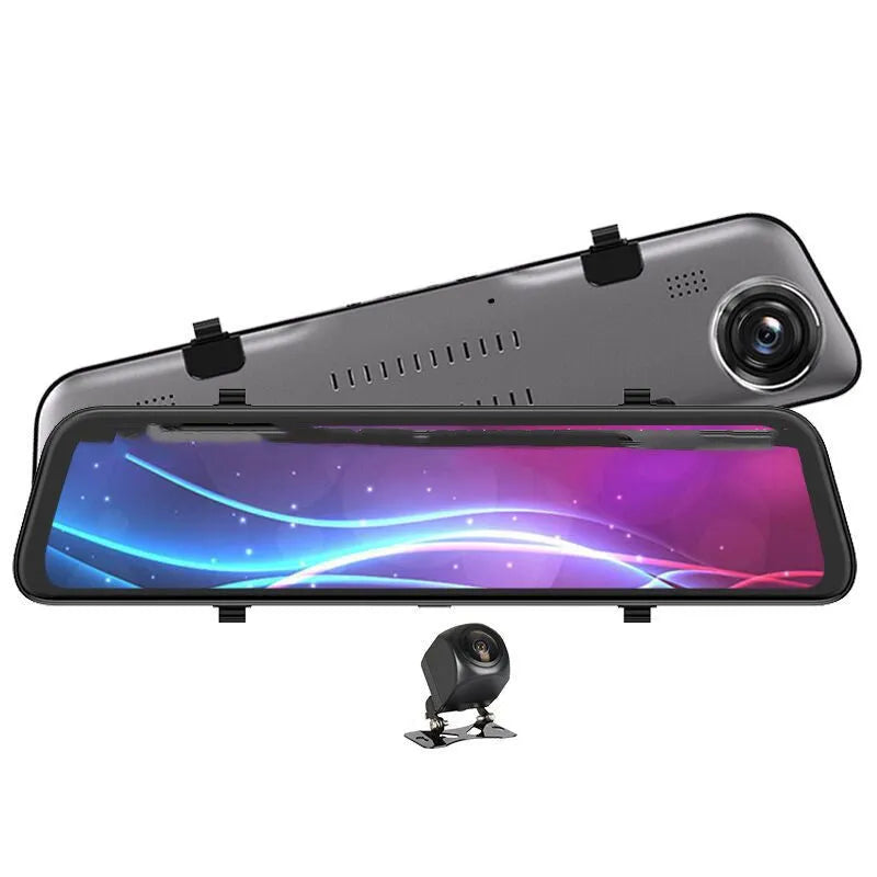 HiSilicon 2K rearview mirror driving recorder with 12 inch touch screen, dual lens, 170° front and 140° rear angles.