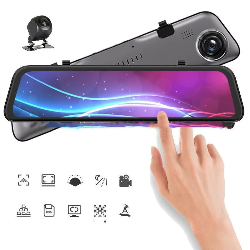 HiSilicon 2K rearview mirror driving recorder with 12 inch touch screen, dual lens, 170° front and 140° rear angles.