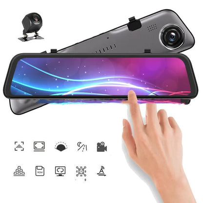 HiSilicon 2K rearview mirror driving recorder with 12 inch touch screen, dual lens, 170° front and 140° rear angles.