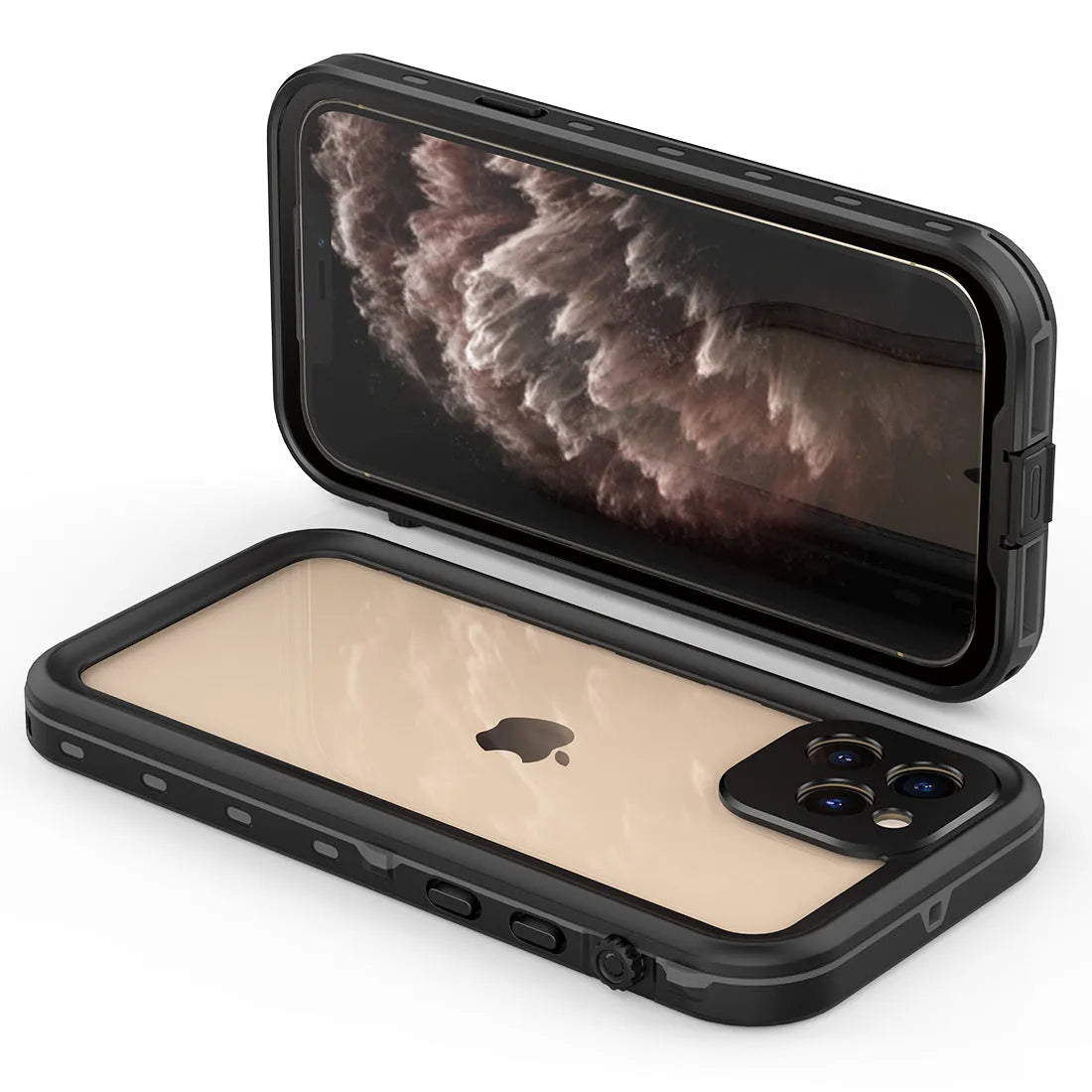 FREDPEPPER IP68 waterproof shockproof iPhone case in black blue or red colours showing front and back views