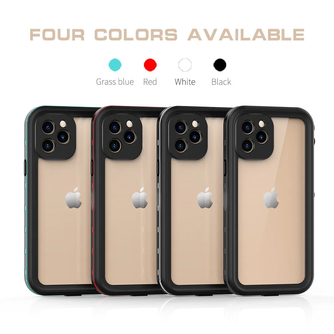 FREDPEPPER IP68 waterproof shockproof iPhone case in black blue or red colours showing front and back views