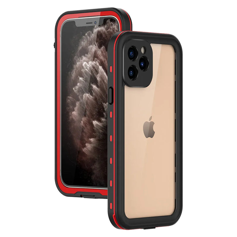 FREDPEPPER waterproof phone case compatible with iPhone 11, 12, 14, X, XR, XS Max, 7, 8 models featuring IP68 2-metre waterproof and shockproof rating with TPU+PC construction in black, blue or red colour options