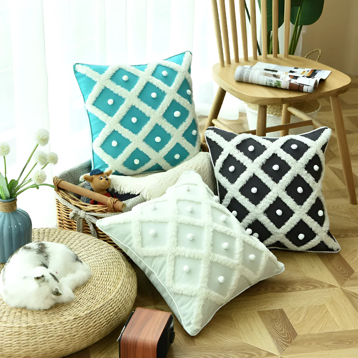 Tufted Moroccan cushion cover in cotton hemp blend measuring 45x45cm in black colour