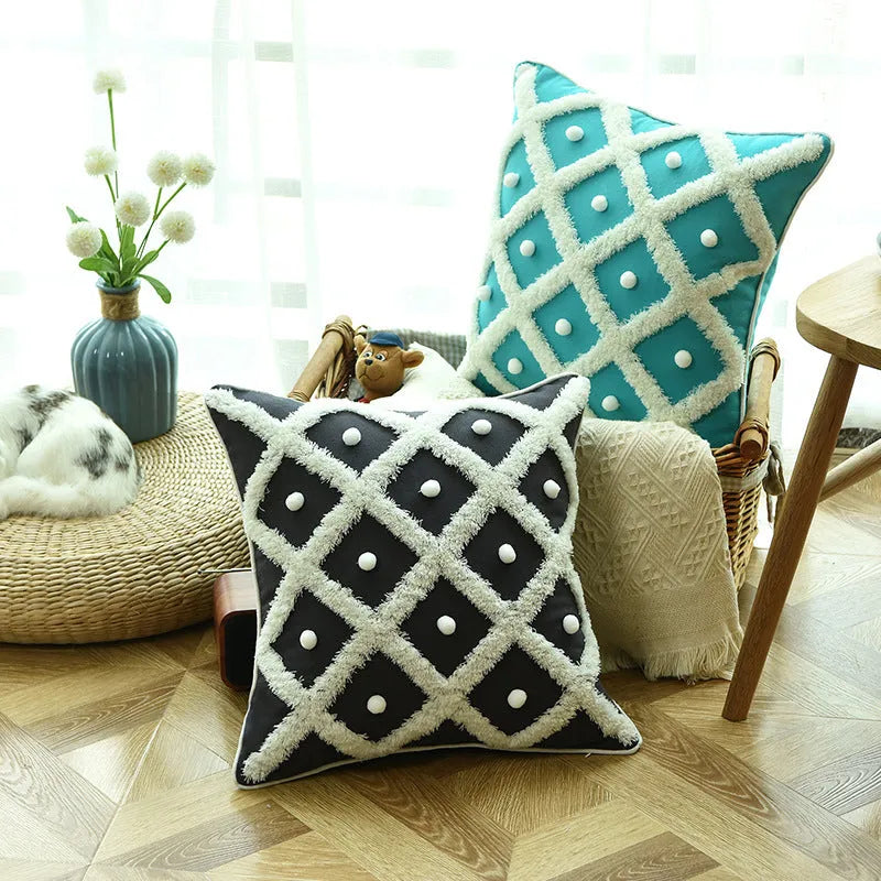 Tufted Moroccan cushion cover in cotton hemp blend measuring 45x45cm in black colour