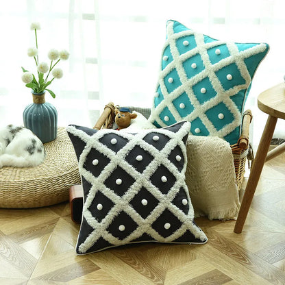 Tufted Moroccan cushion cover in cotton hemp blend measuring 45x45cm in black colour