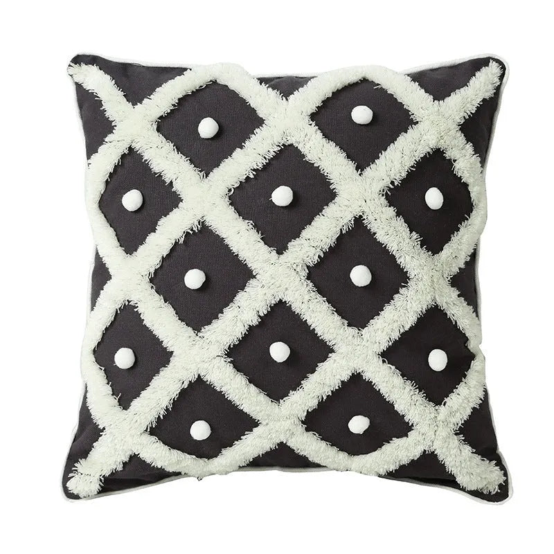 Tufted Moroccan cushion cover in cotton hemp blend measuring 45x45cm in black colour