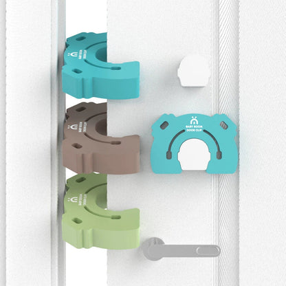 Secure baby-proof door stopper with cute cartoon-style animal design, in various color options