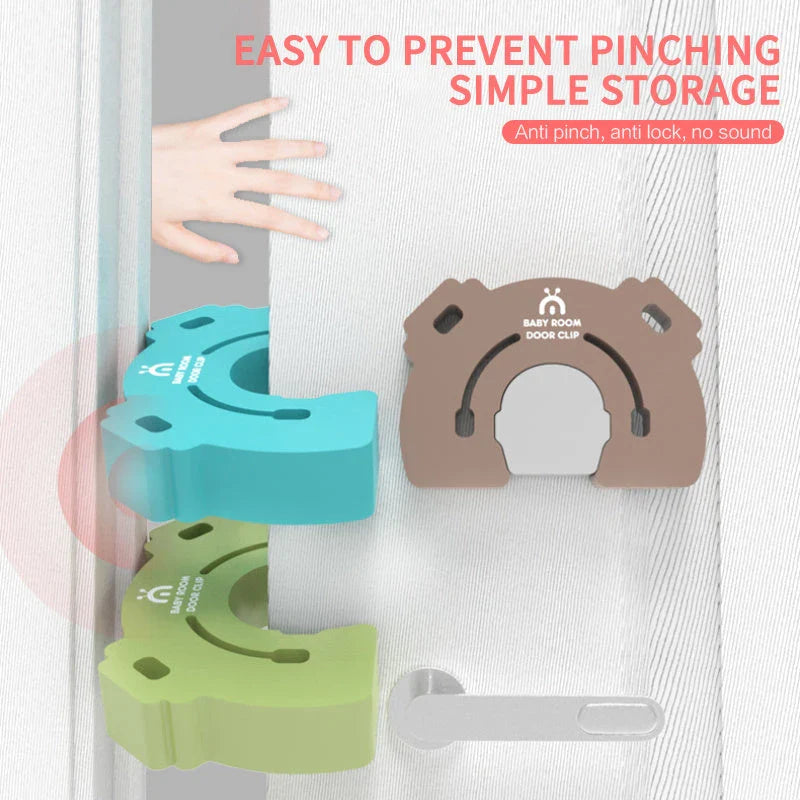 Secure baby-proof door stopper with cute cartoon-style animal design, in various color options