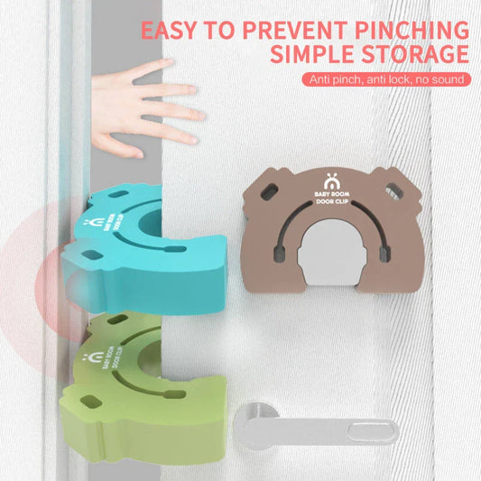 Secure baby-proof door stopper with cute cartoon-style animal design, in various color options