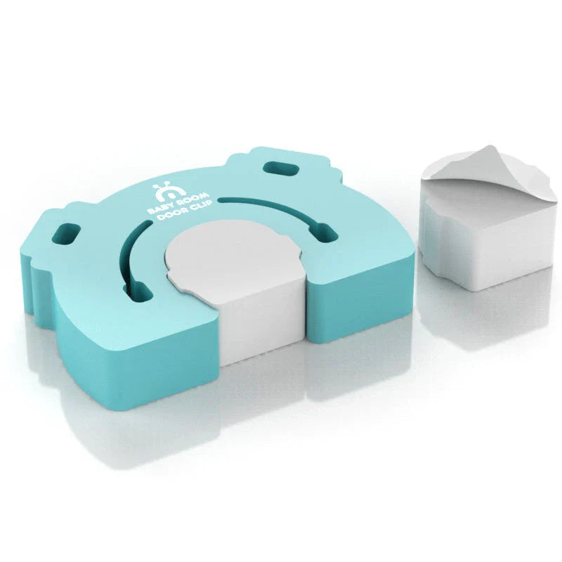 Secure baby-proof door stopper with cute cartoon-style animal design, in various color options