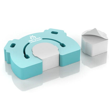 Secure baby-proof door stopper with cute cartoon-style animal design, in various color options