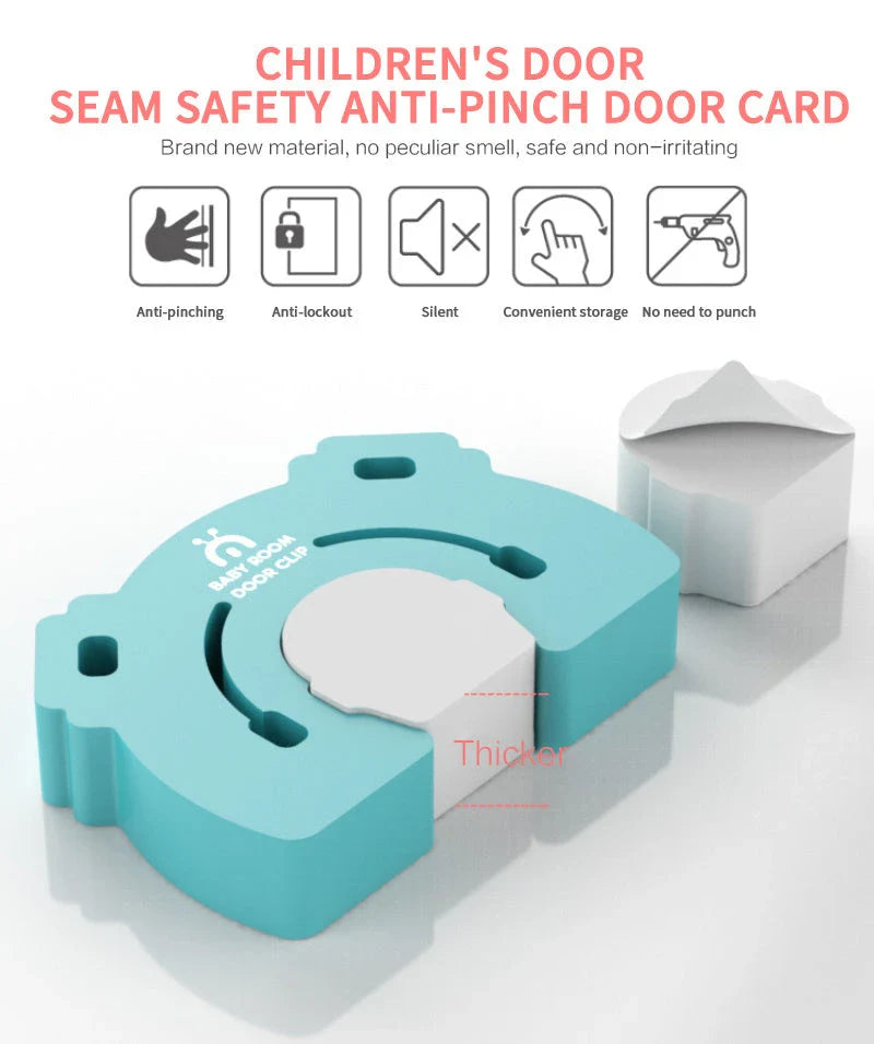 Secure baby-proof door stopper with cute cartoon-style animal design, in various color options
