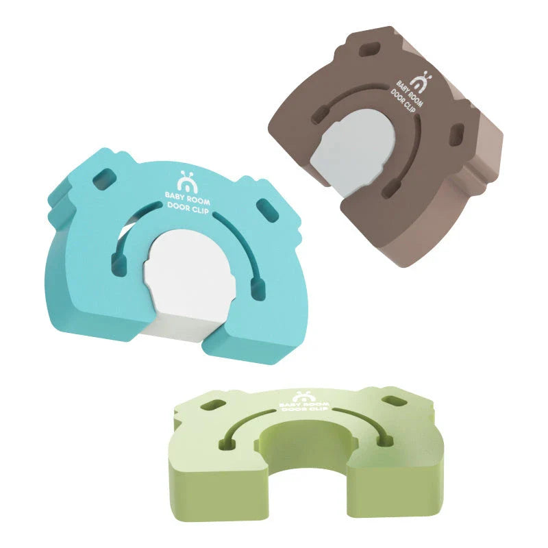 Secure baby-proof door stopper with cute cartoon-style animal design, in various color options