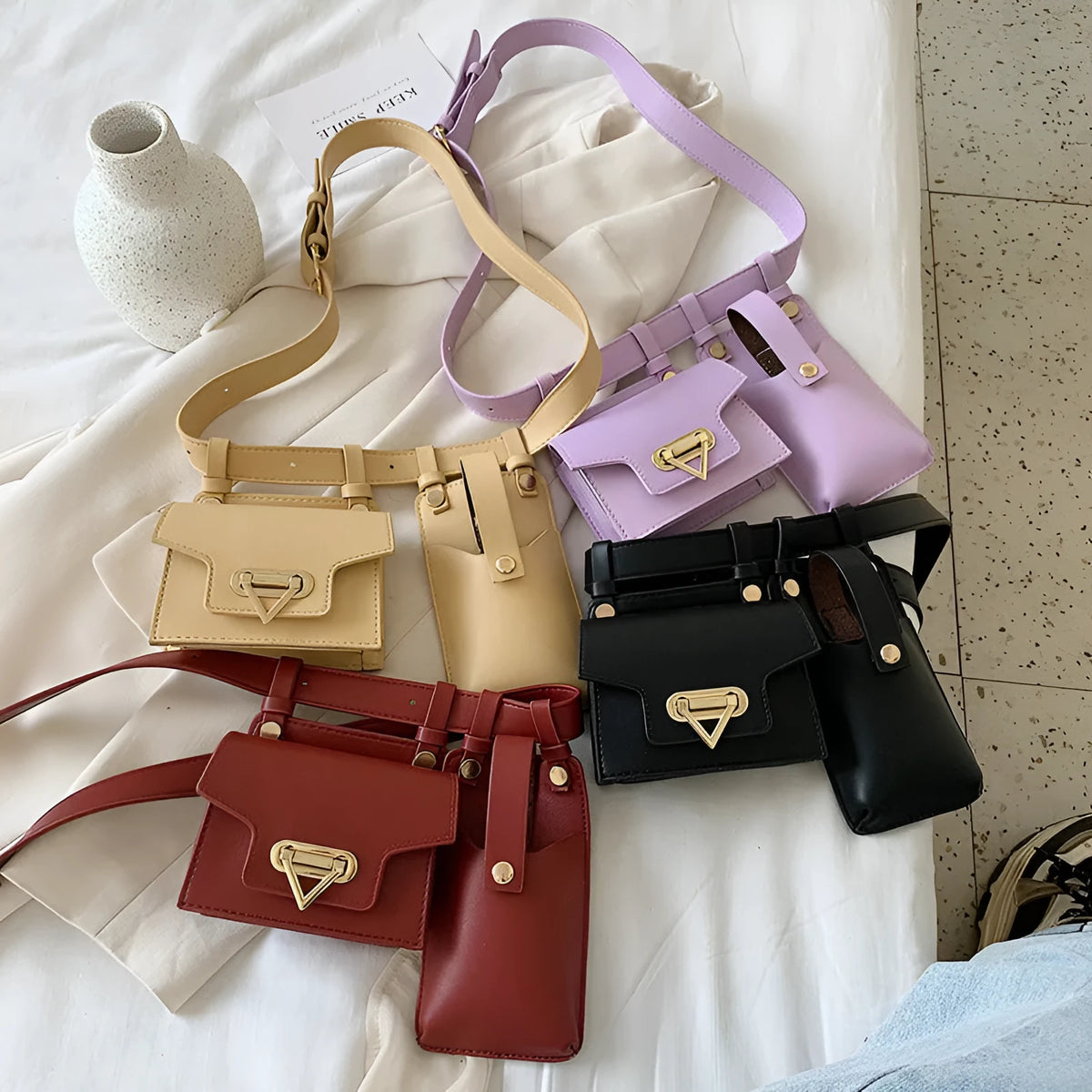 Small square PU crossbody chest belt bag with magnetic button, colour contrast, single strap, in yellow, red, purple or black