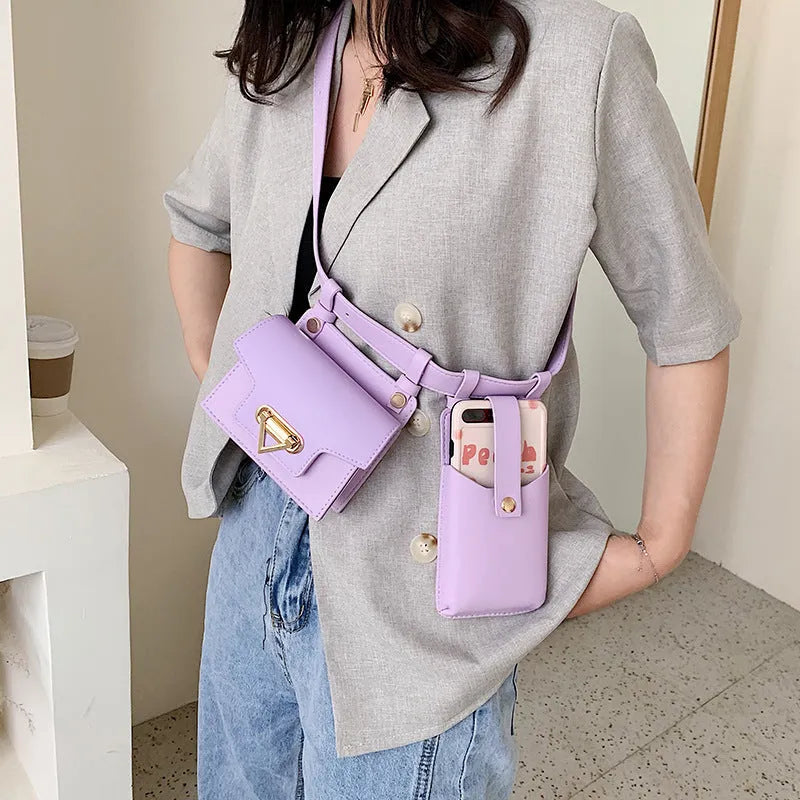 Small square PU crossbody chest belt bag with magnetic button, colour contrast, single strap, in yellow, red, purple or black