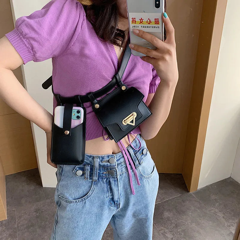 Small square PU crossbody chest belt bag with magnetic button, colour contrast, single strap, in yellow, red, purple or black