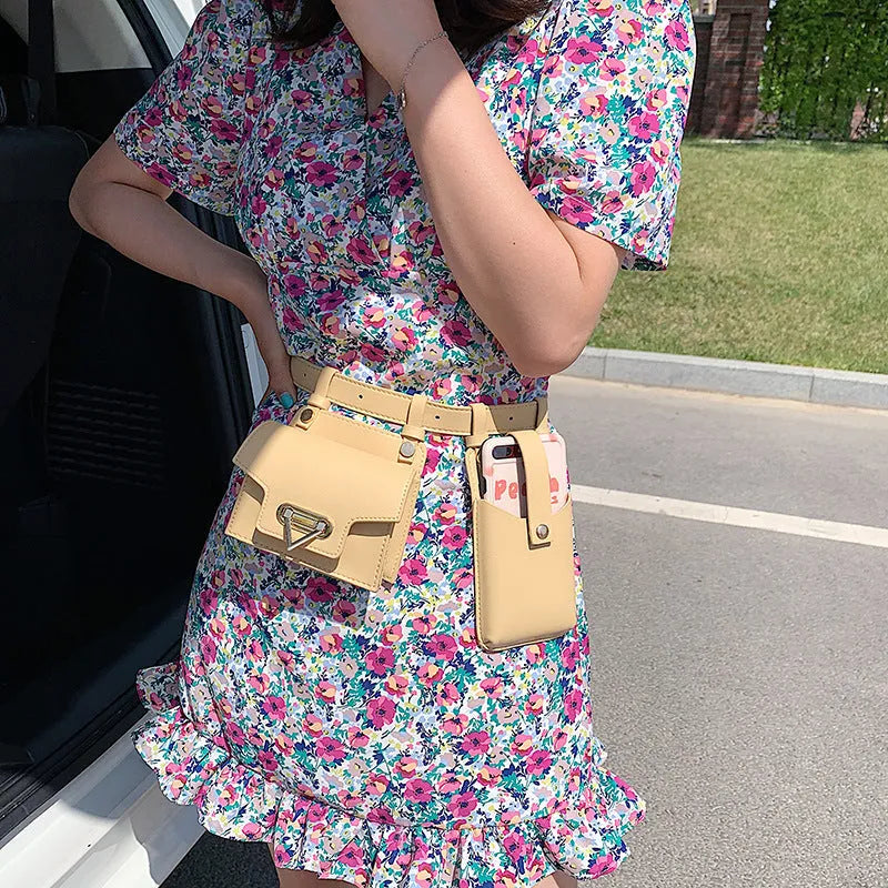 Small square PU crossbody chest belt bag with magnetic button, colour contrast, single strap, in yellow, red, purple or black