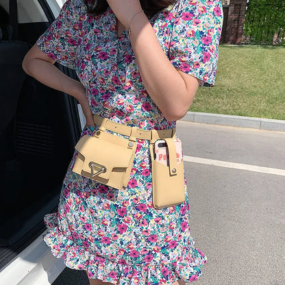 Small square PU crossbody chest belt bag with magnetic button, colour contrast, single strap, in yellow, red, purple or black