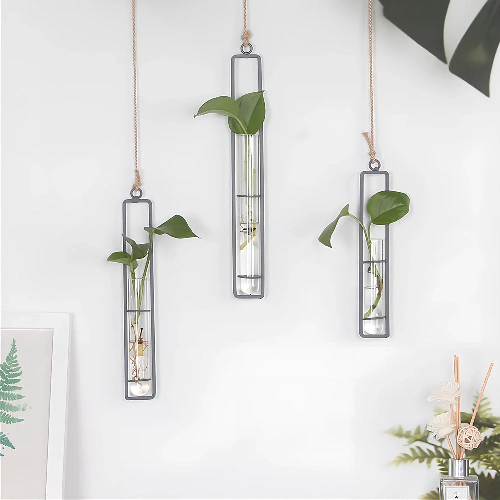 Grey wrought iron hydroponic vase with glass test tubes and hemp rope, sizes 22.5cm to 32.5cm for indoor hanging