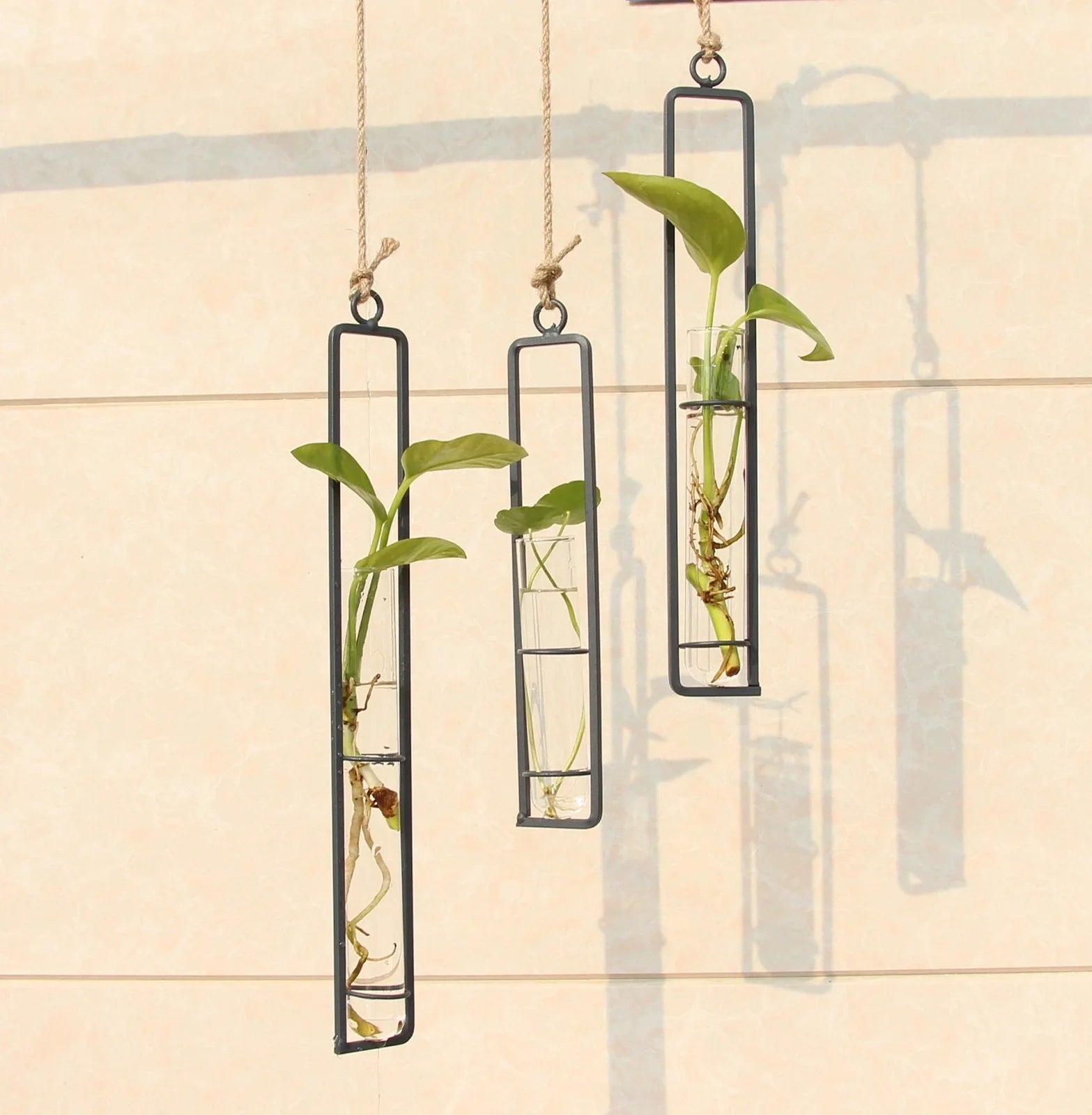 Grey wrought iron hydroponic vase with glass test tubes and hemp rope, sizes 22.5cm to 32.5cm for indoor hanging