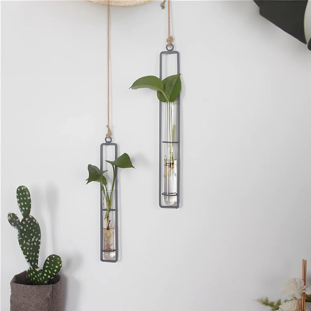 Grey wrought iron hydroponic vase with glass test tubes and hemp rope, sizes 22.5cm to 32.5cm for indoor hanging