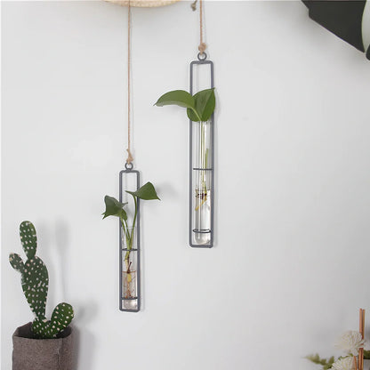 Grey wrought iron hydroponic vase with glass test tubes and hemp rope, sizes 22.5cm to 32.5cm for indoor hanging