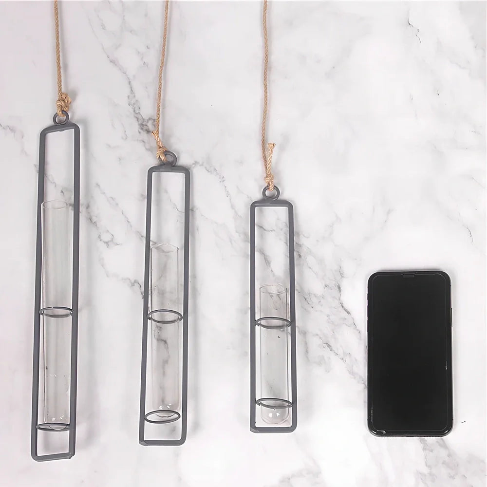 Grey wrought iron hydroponic vase with glass test tubes and hemp rope, sizes 22.5cm to 32.5cm for indoor hanging